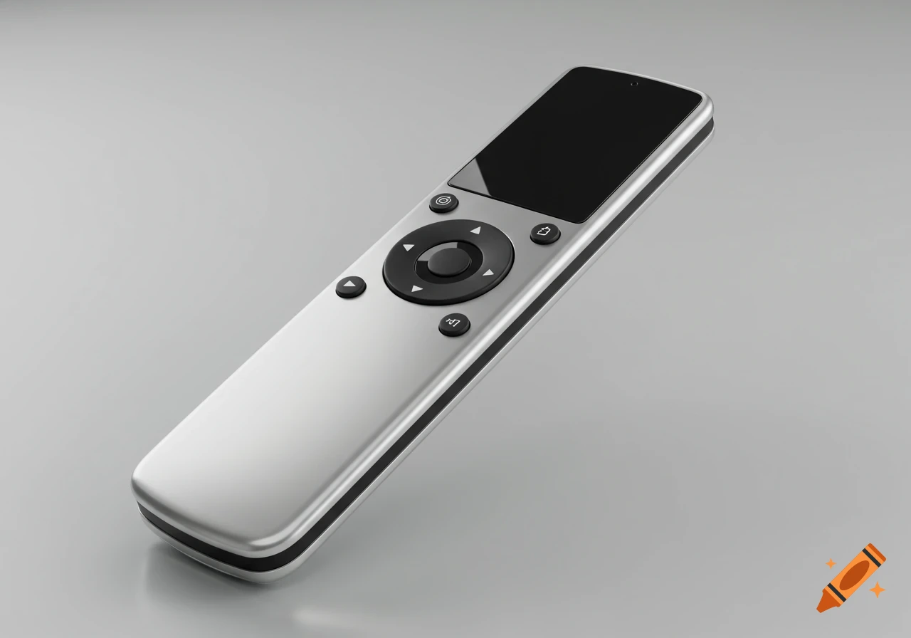 A sleek, silver remote control with a black, turned-off screen and black circular buttons, angled on a light gray background.