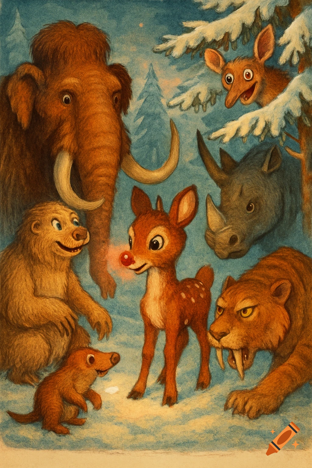 Rudolph the Red-Nosed Fawn with a woolly mammoth, saber-tooth tiger, bear, and other prehistoric animals in a snowy forest, vintage illustration.