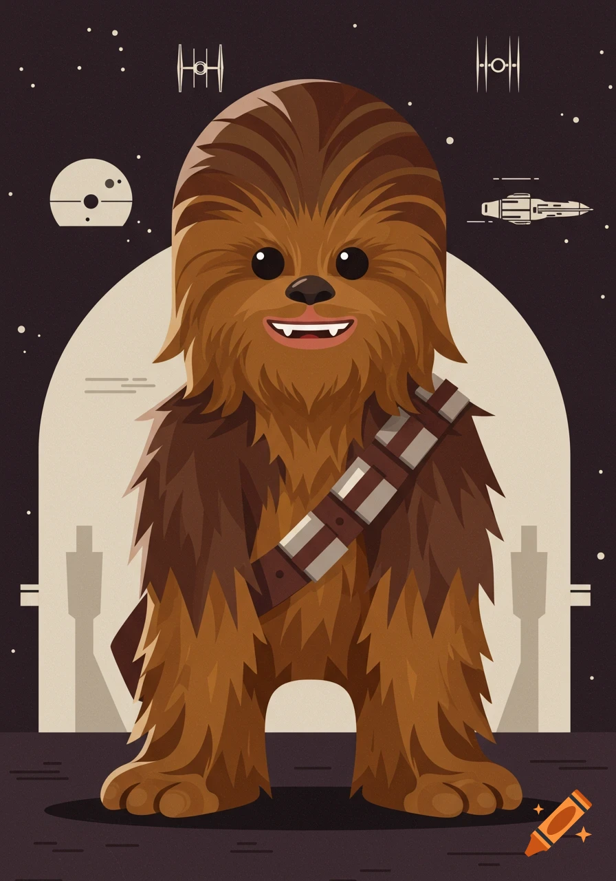 Stylized illustration of Chewbacca standing with a bandolier, against a dark space background with planets and Star Wars ships.