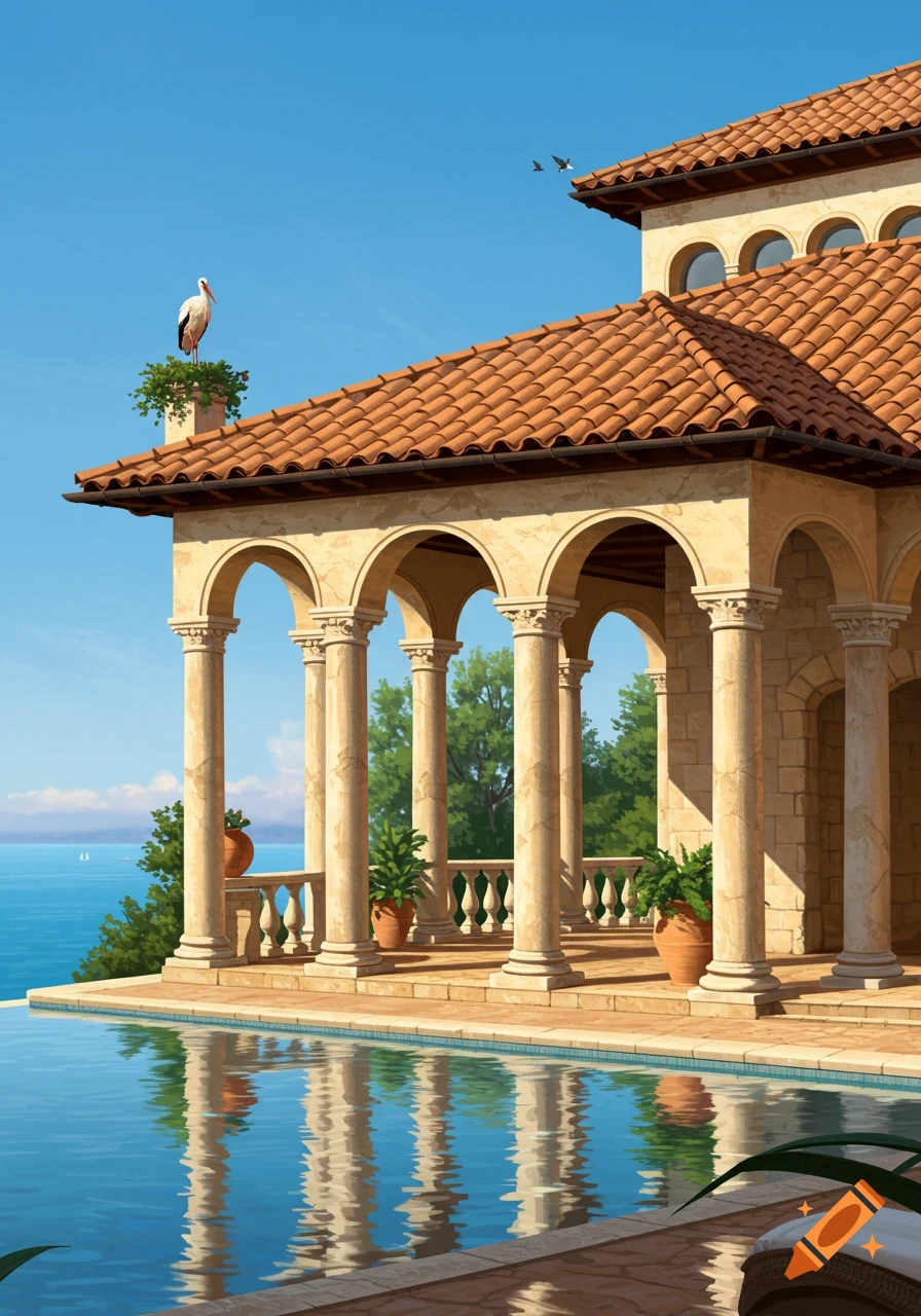 A scenic Mediterranean villa with a terra cotta roof and arched columns, an infinity pool overlooking the blue sea, and a stork on the chimney.