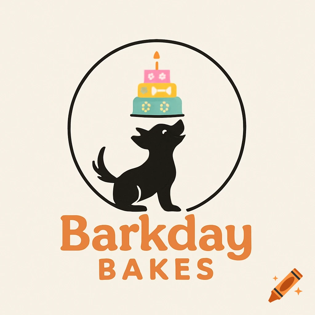 Logo of a black dog silhouette looking up at a colorful stacked birthday cake, with 'Barkday BAKES' text below.