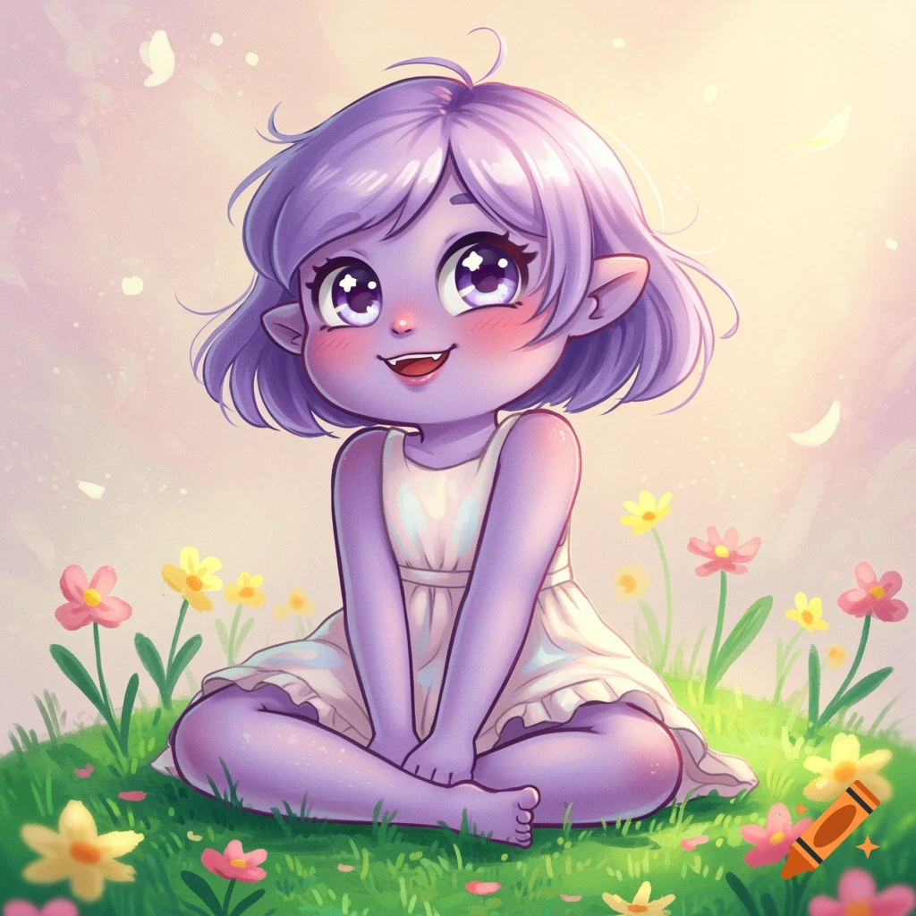 A cute purple-skinned cartoon child with big eyes and a happy expression sits cross-legged in a field of colorful flowers.