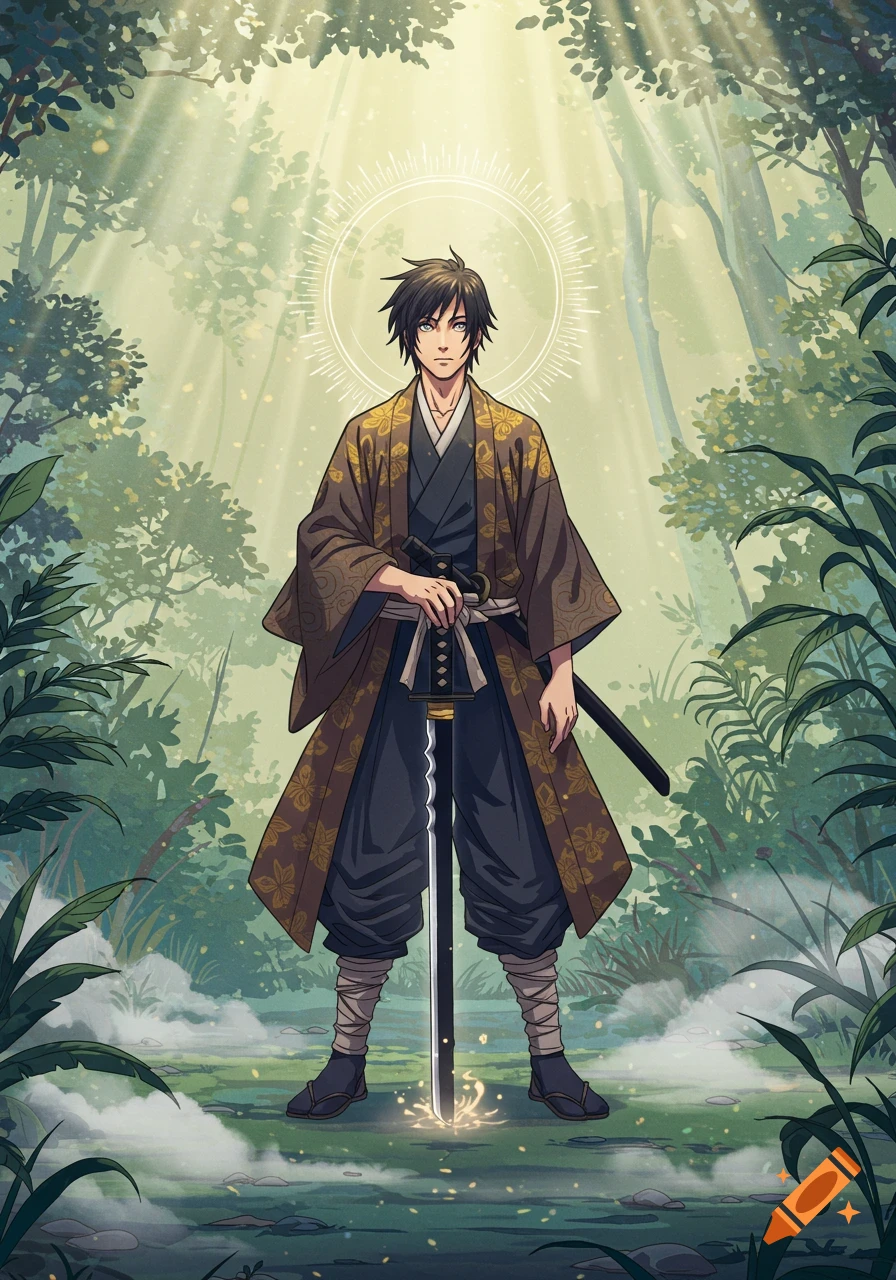 An anime samurai in a brown kimono stands in a mystical forest with a glowing, jagged sword and sun rays.