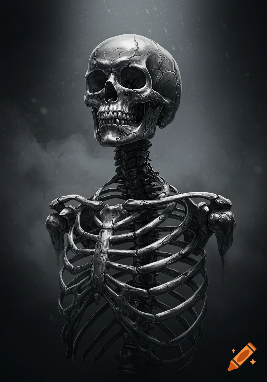 Highly detailed metallic skeleton, with black and silver marbling and intricate cracks, against a dark, shadowy background.
