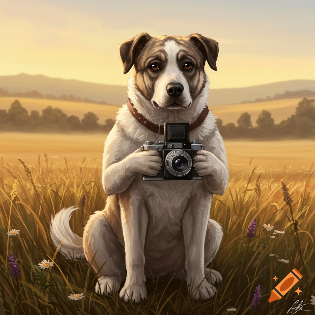 An anthropomorphic dog sits in a golden field, holding a vintage camera, under a warm sky in an illustrative style.