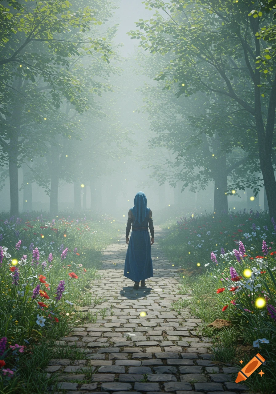 A hooded figure walks on a stone path through a misty, enchanting forest with colorful wildflowers and glowing lights.