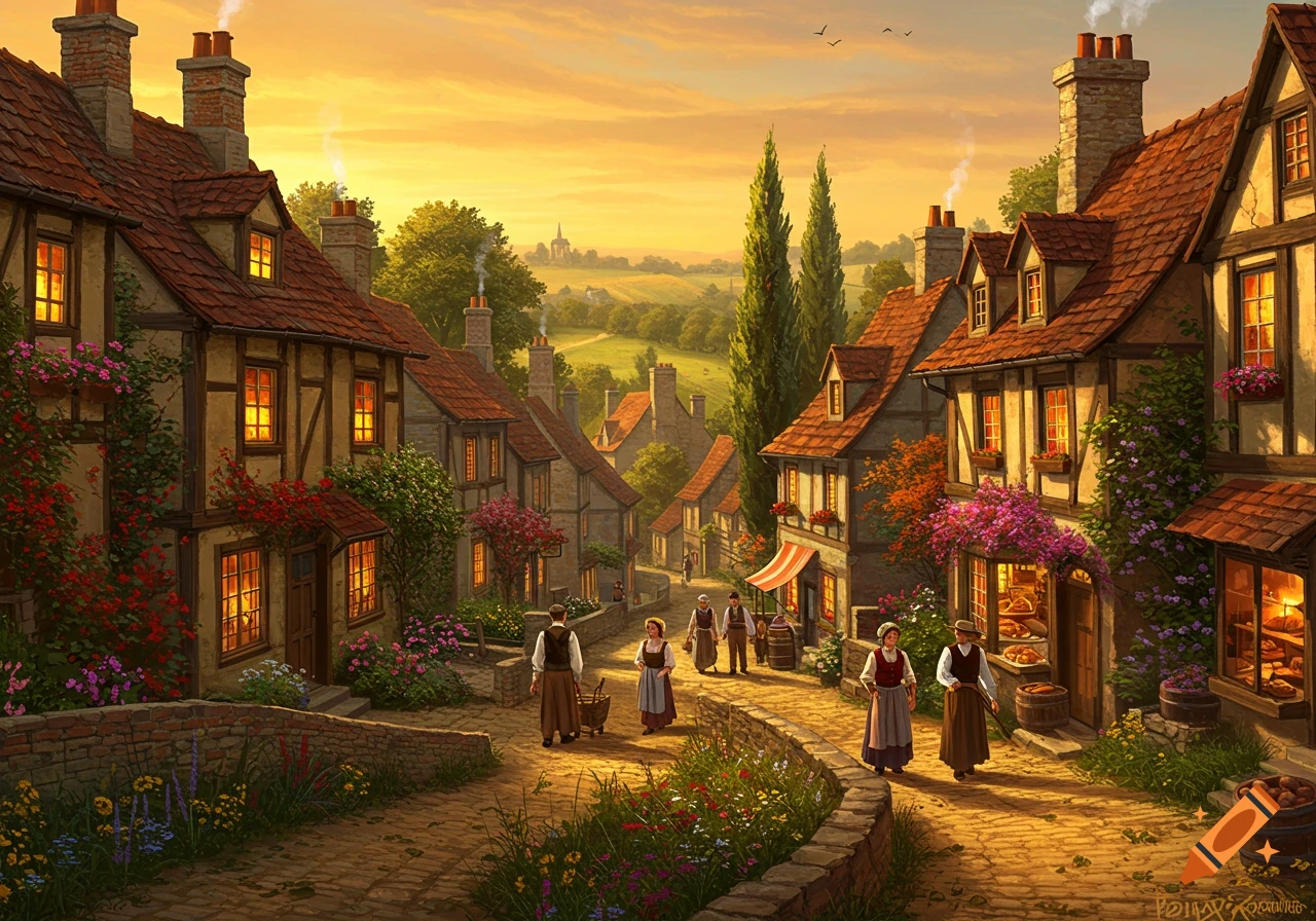 Vibrant painting of a quaint European village at sunset, with villagers on cobblestone streets and flower-covered half-timbered houses.