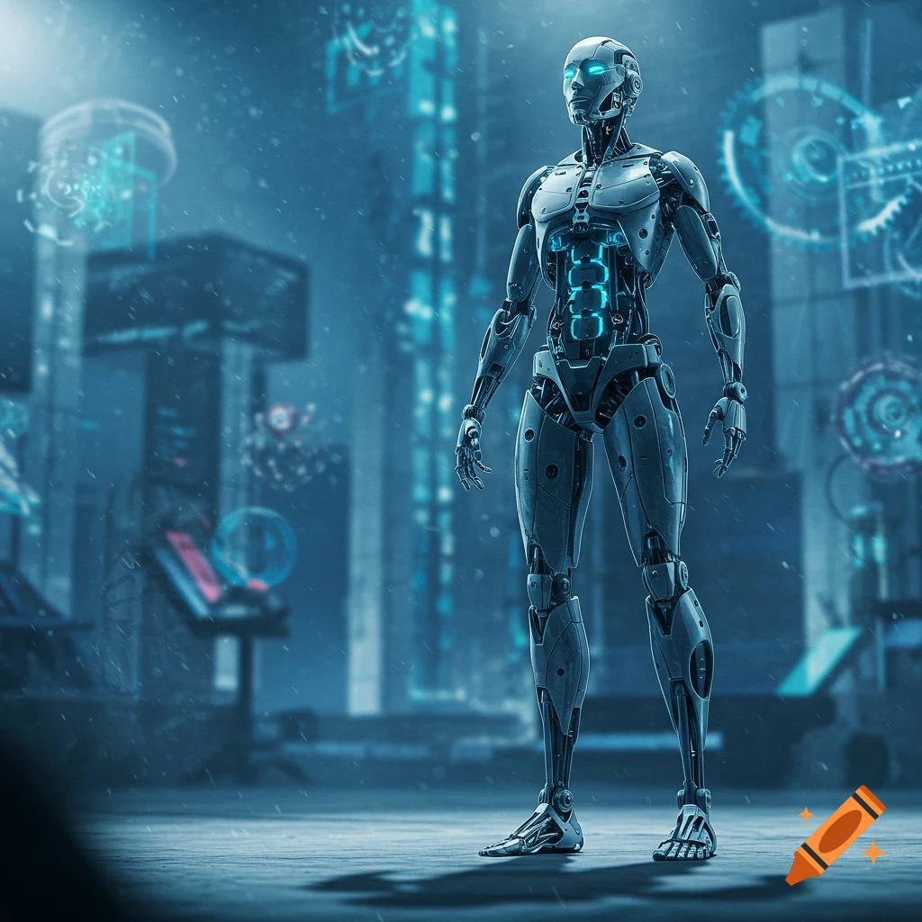 A metallic humanoid robot with glowing blue eyes and core stands in a futuristic, rainy city with neon lights.