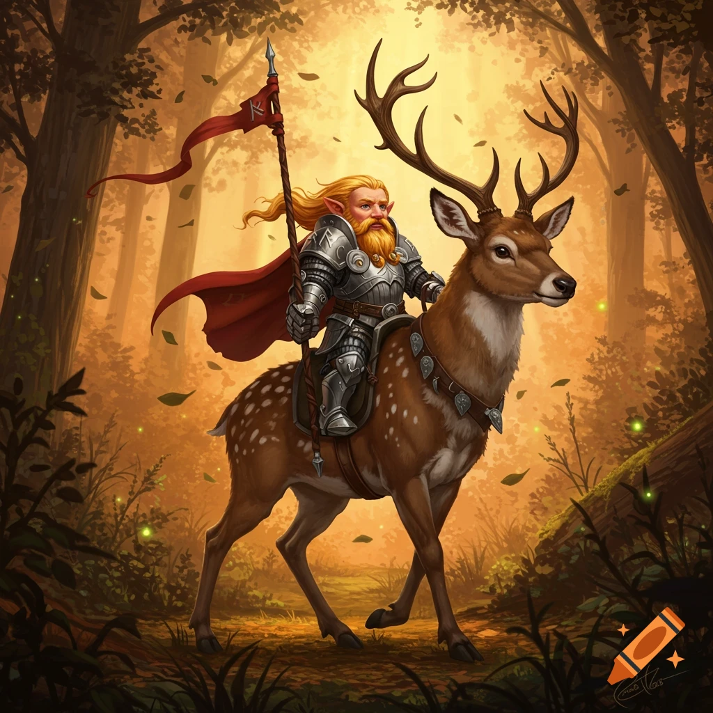 A gnome paladin in silver armor and red cape rides a spotted deer through a sunlit, golden autumnal forest.