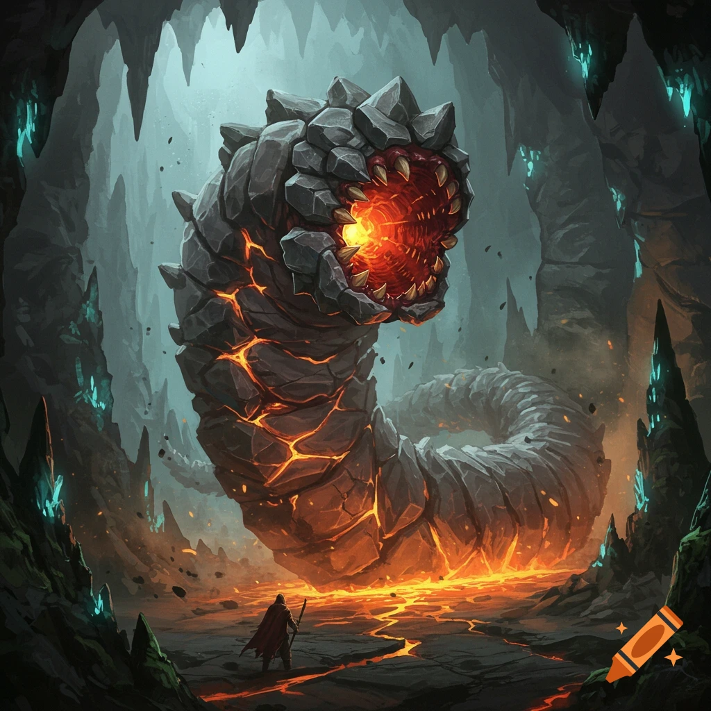 A colossal rock and lava worm monster with a glowing circular mouth in a dark, crystal-filled cave, facing a small, robed figure.