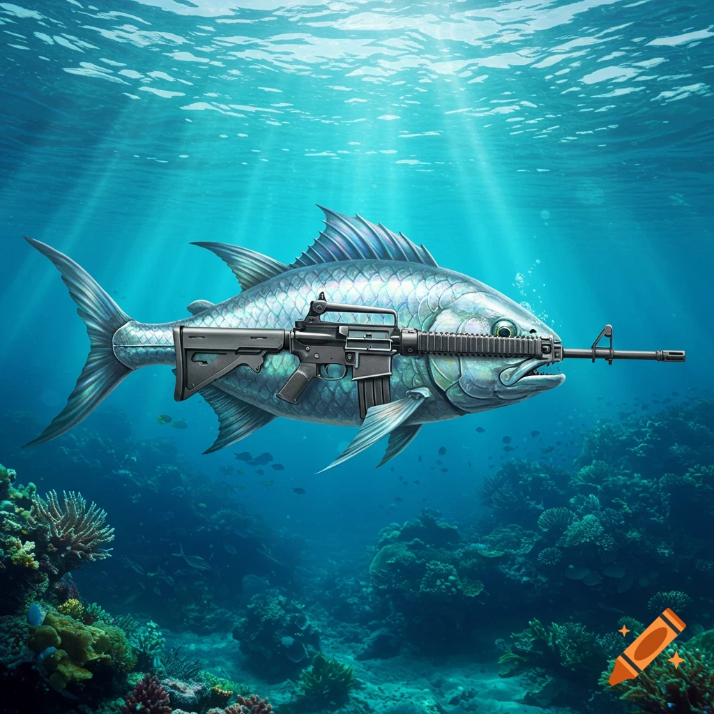 A large, silver fish holding an automatic assault rifle swims through a vibrant coral reef in clear blue ocean water.