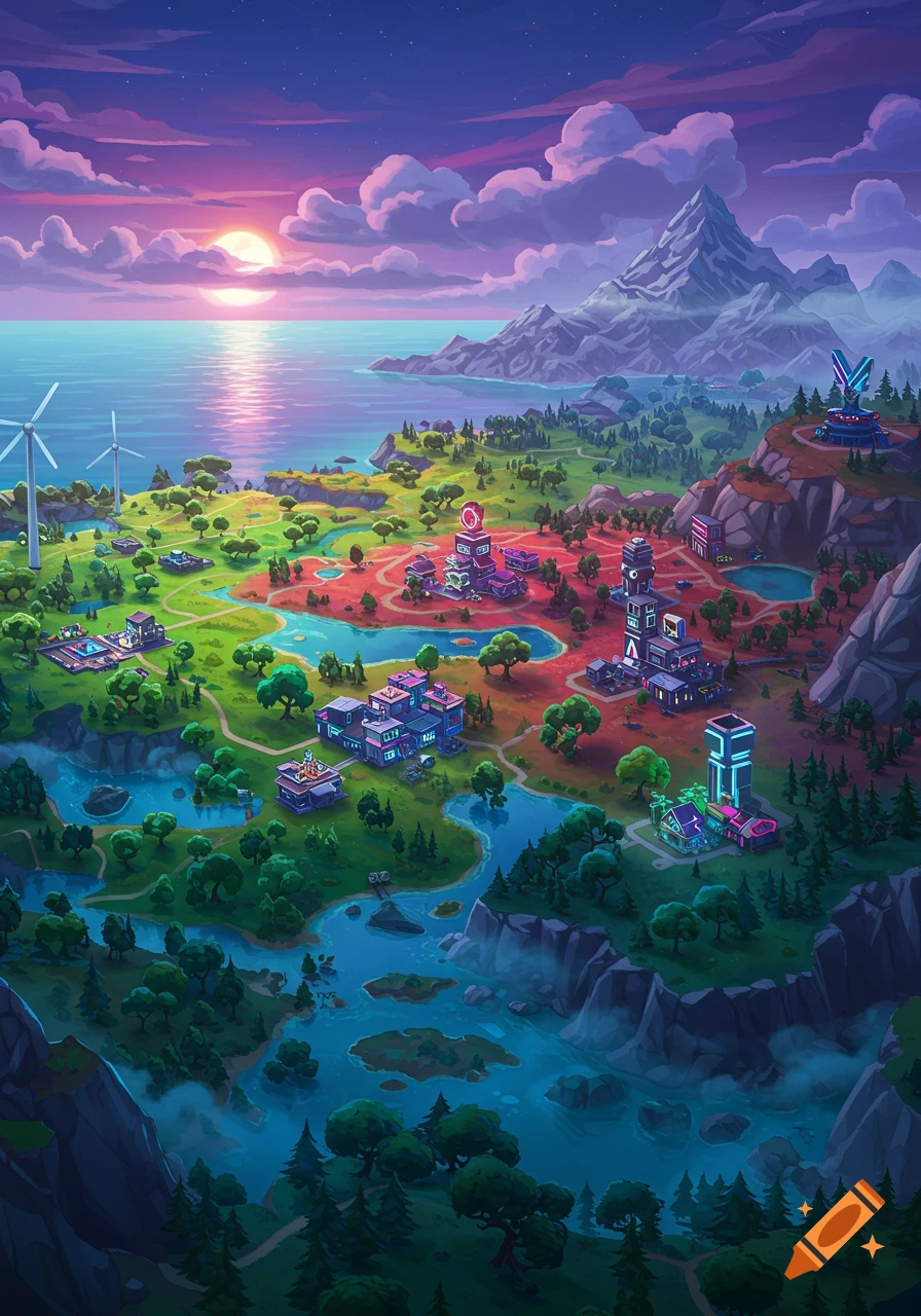 A vibrant, stylized aerial view of a futuristic island landscape with colorful buildings, rivers, mountains, and wind turbines under a sunset sky.