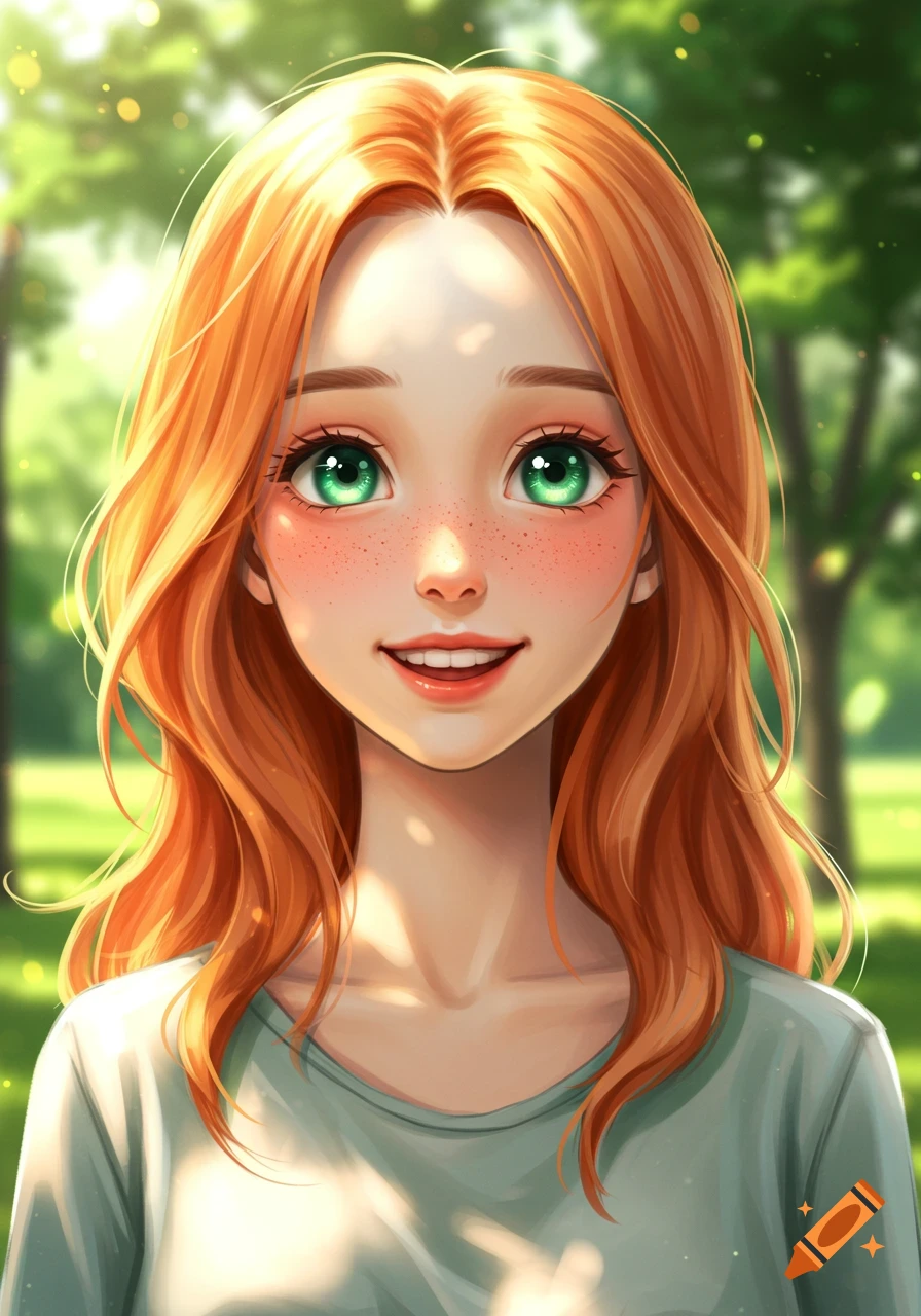 An anime girl with long orange hair, emerald green eyes, and freckles smiles in a park.