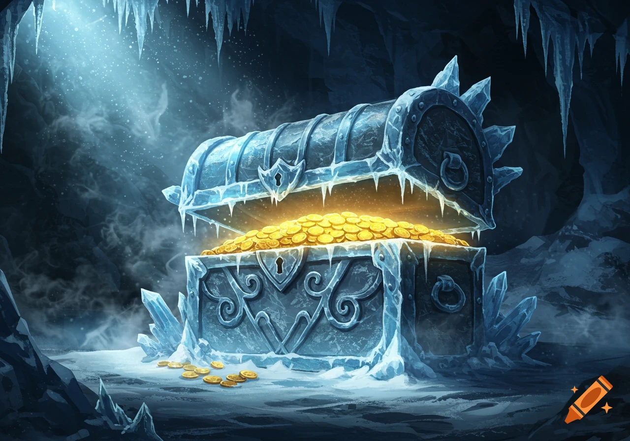 An ornate treasure chest made of ice and dark metal, overflowing with glowing gold coins, sits in a dark, icy cave with shimmering icicles.