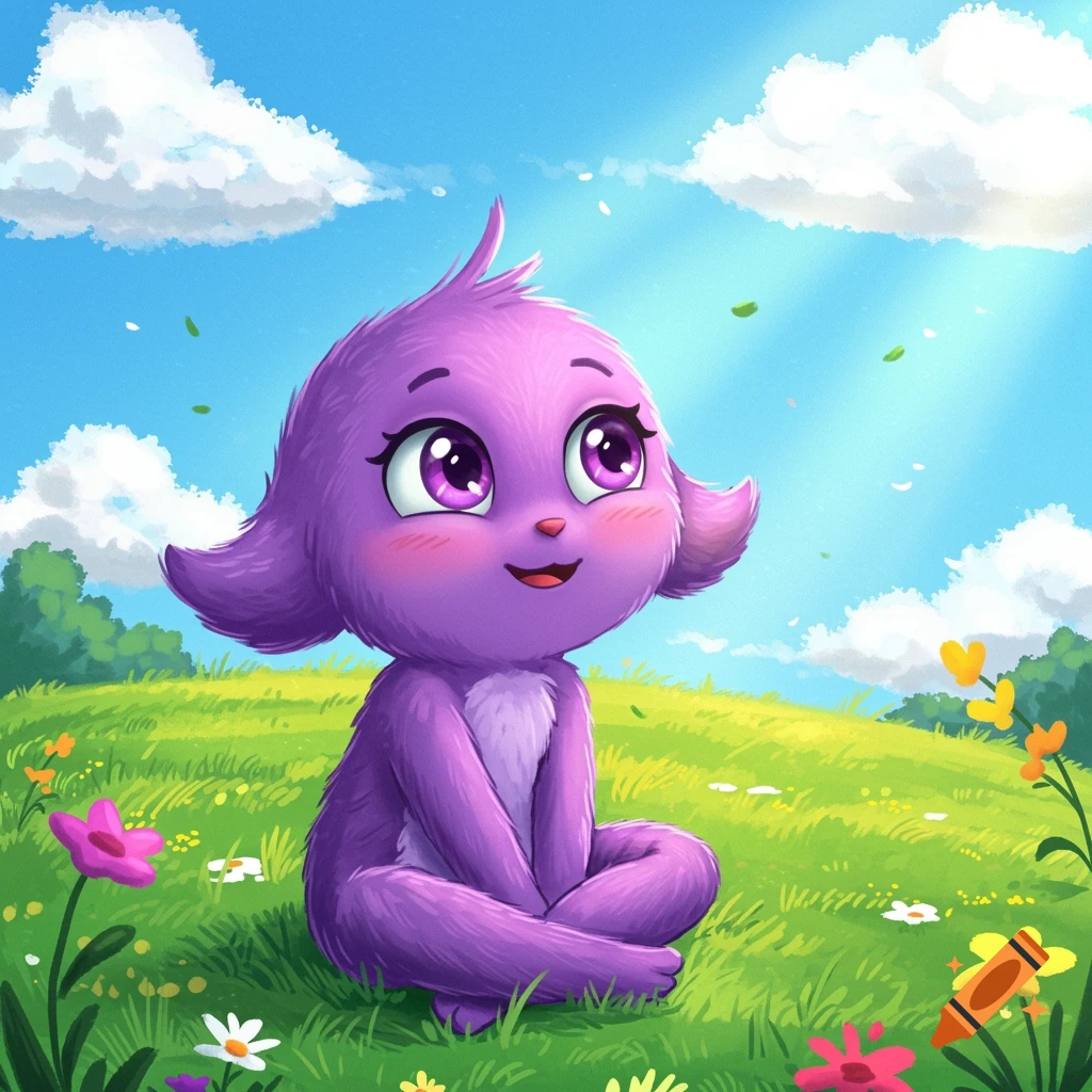 A cute, fluffy purple cartoon character with big eyes and rosy cheeks sits cross-legged in a vibrant green field under a sunny blue sky.