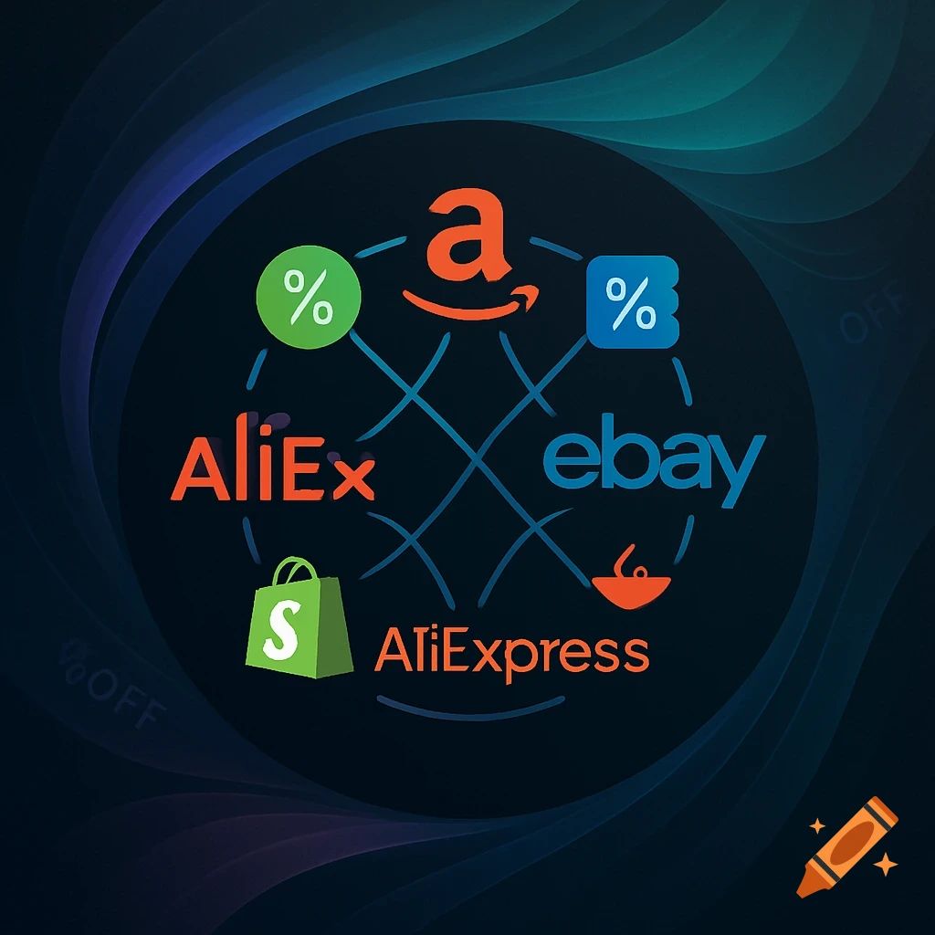A stylized graphic showing various e-commerce brand logos like Amazon, eBay, Shopify, and AliExpress, connected by lines, with discount symbols on a dark background.