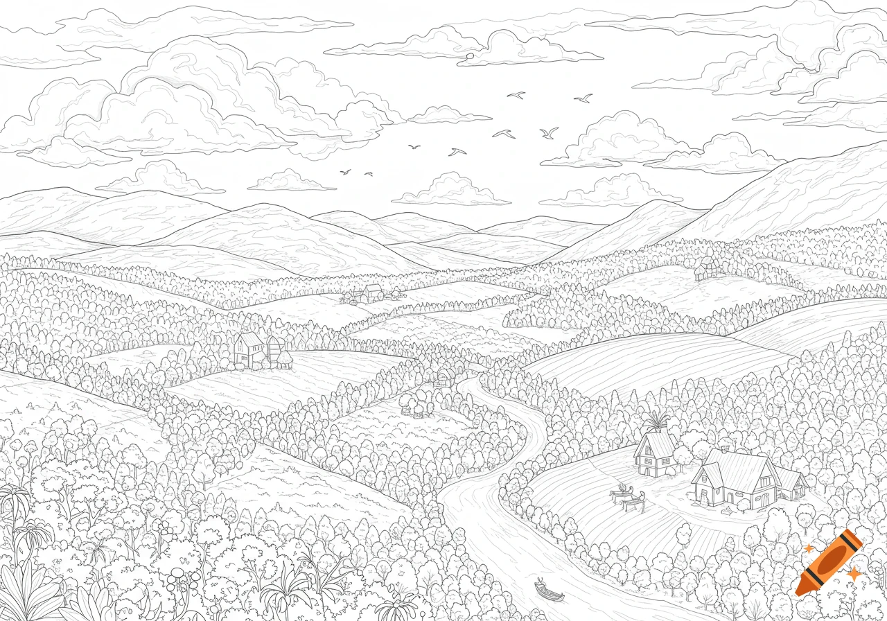 Line art of a rural landscape with hills, forests, a winding river, houses, clouds, and birds. Coloring page style.