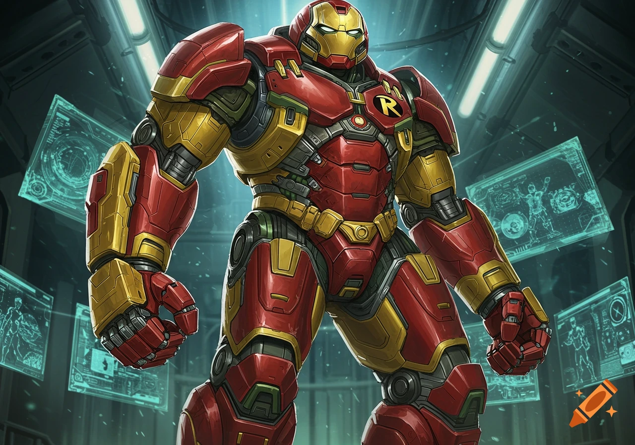 A detailed comic book illustration of a red and gold Robin Hulkbuster armor standing in a futuristic lab with holographic displays.