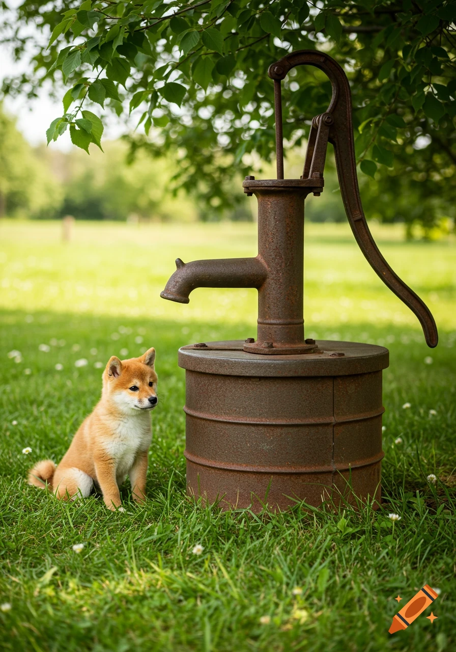 A photorealistic Shiba Inu puppy sits beside a rusty well pump in a green grassy field under a tree.