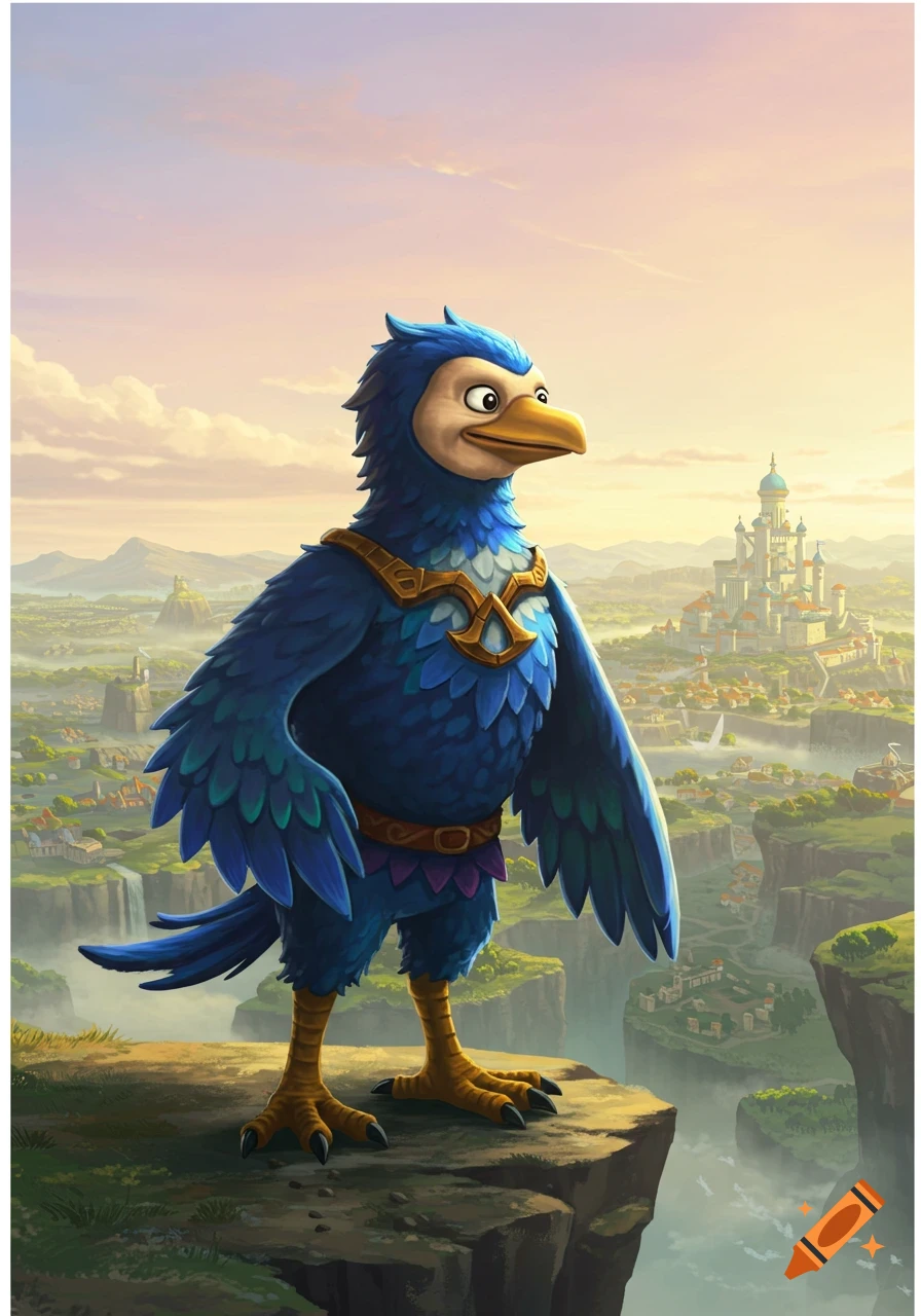 A blue feathered bird-like creature with a humanoid body stands on a cliff overlooking a fantasy city at sunset, in a cartoon art style.