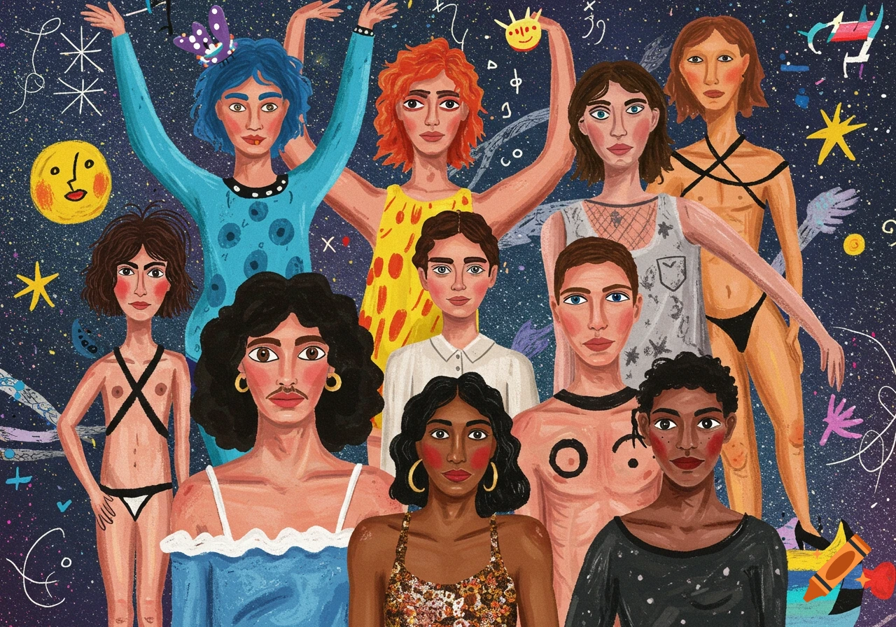 A group of diverse, stylized people in a colorful, abstract, Joan Miró-inspired illustration.