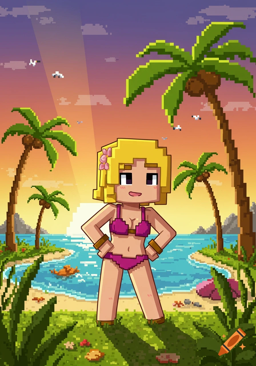 Pixel art of a blonde character in a purple bikini on a tropical beach at sunset.