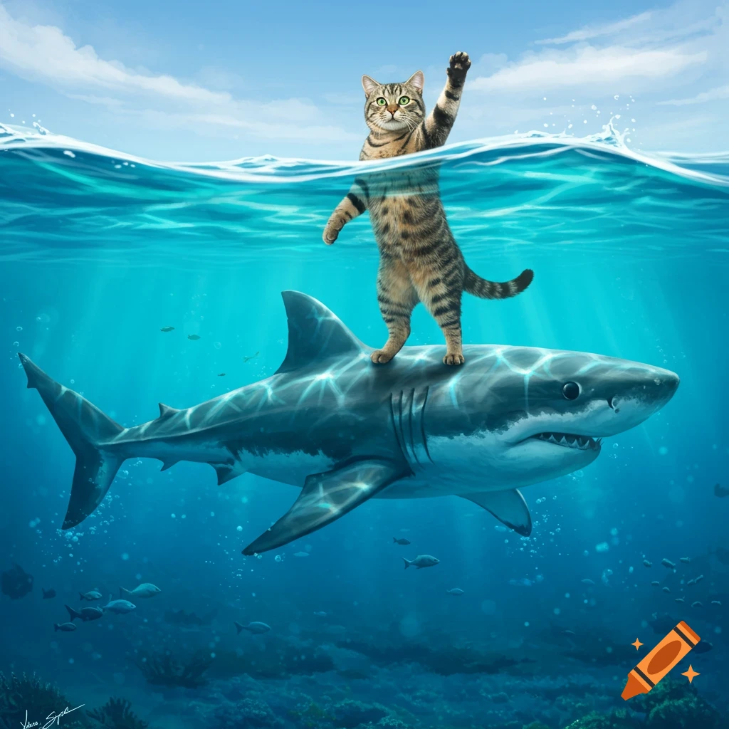 A tabby cat stands upright on the back of a great white shark, mostly submerged in clear blue ocean water, waving a paw.