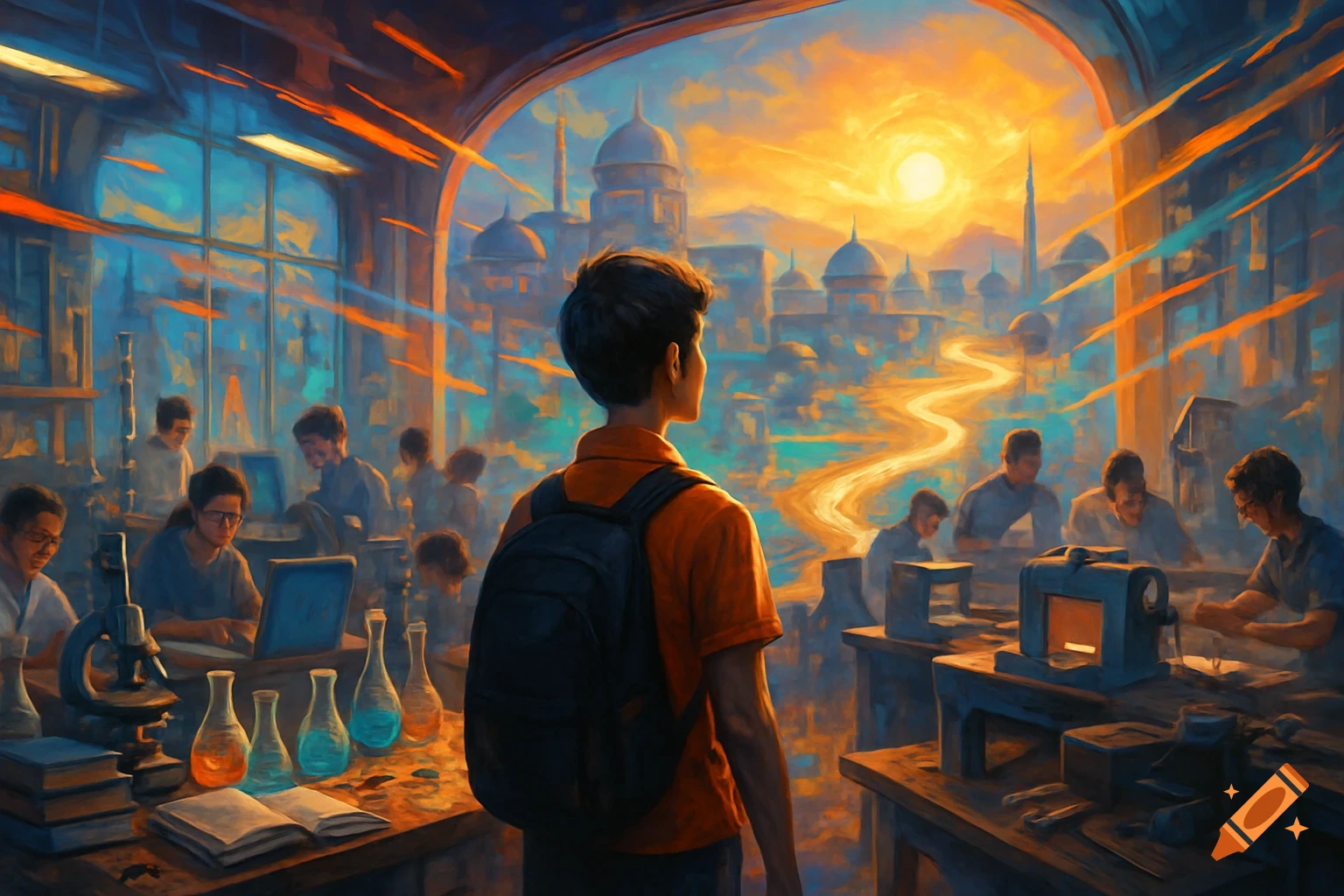 A student with a backpack looks out from a science workshop towards a bright, fantastical city at sunset, while other students work inside.