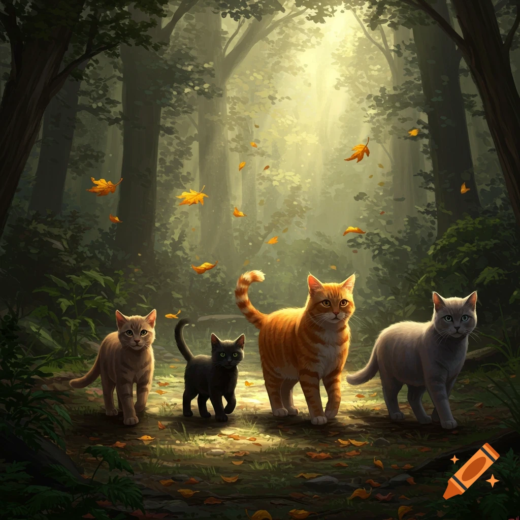 Four cats, a brownish-grey, a black, an orange tabby, and a grey, walk through a sun-dappled autumn forest with falling leaves.