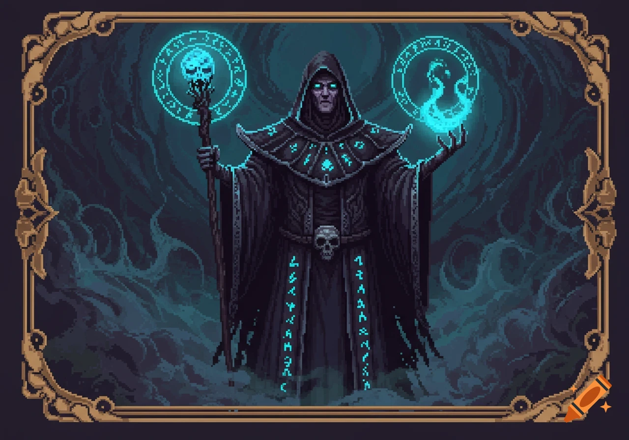 A pixel art illustration of a dark necromancer in a hooded robe, holding a skull staff and conjuring magic, framed on a card.