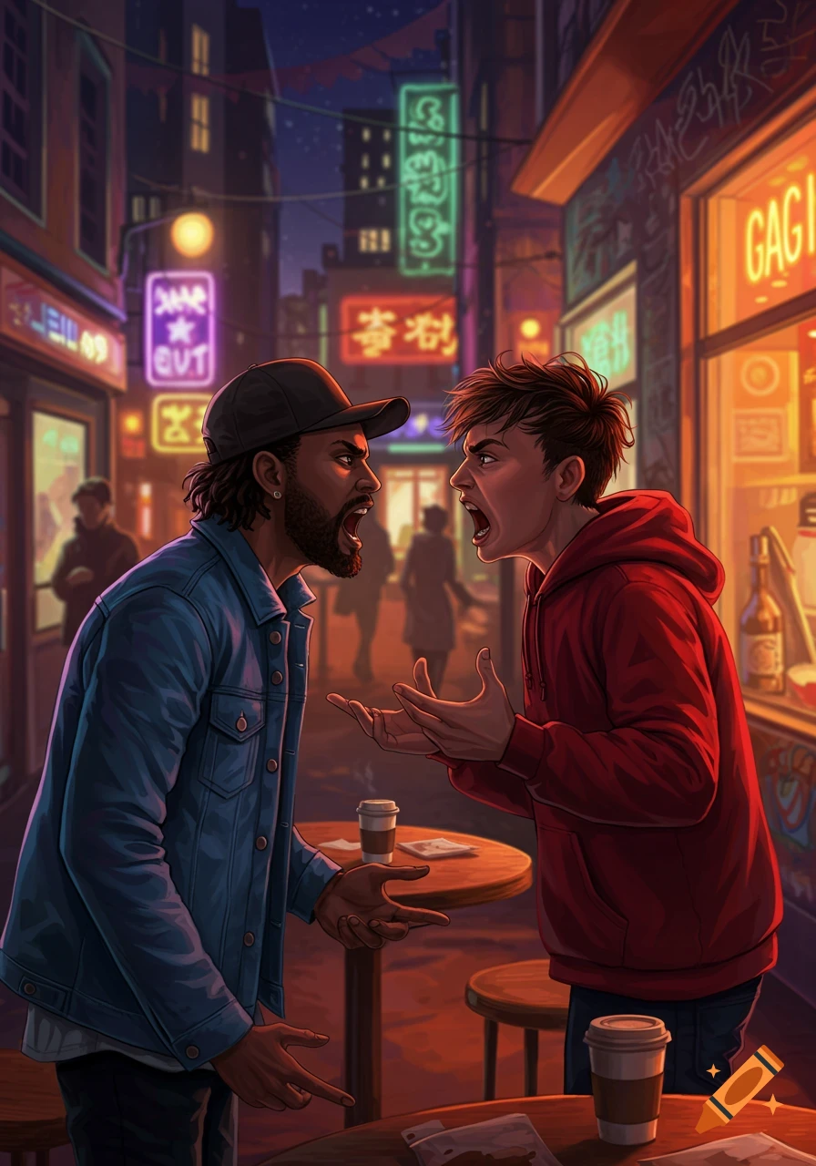 An illustration of two men intensely arguing in a vibrant, neon-lit city street at night.