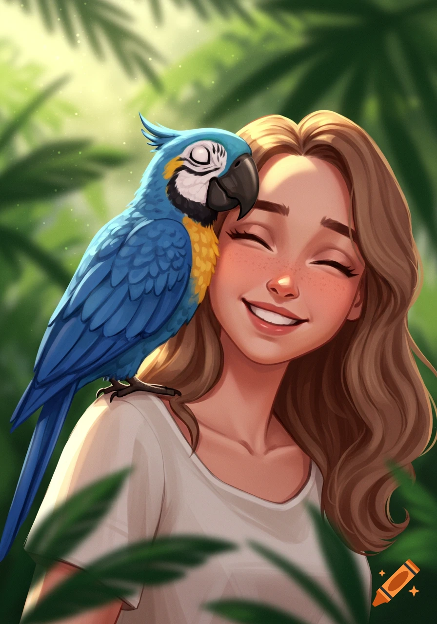 Cartoon illustration of a smiling woman with a blue and gold macaw on her shoulder, in a tropical setting.