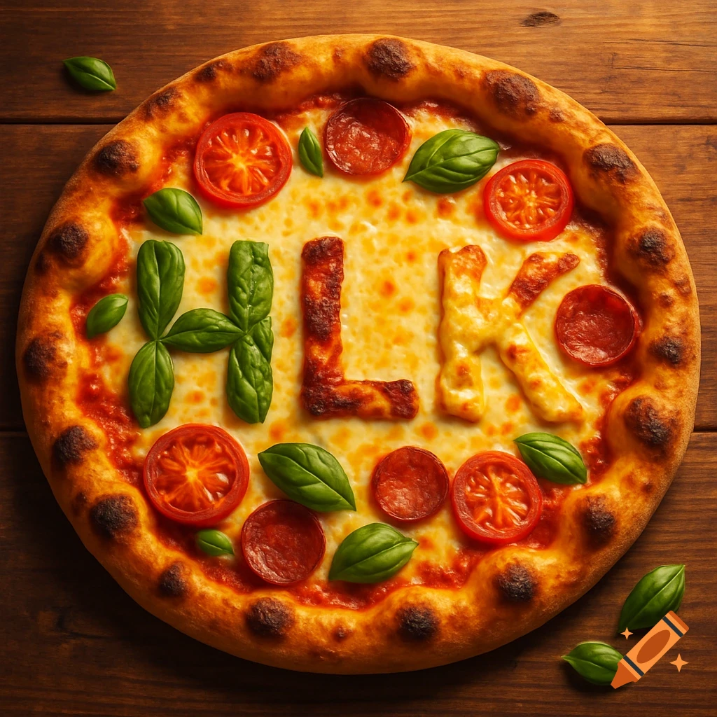 Photorealistic overhead view of a delicious pizza with the letters 'HLK' made of basil, cheese, and crust, on a wooden table.