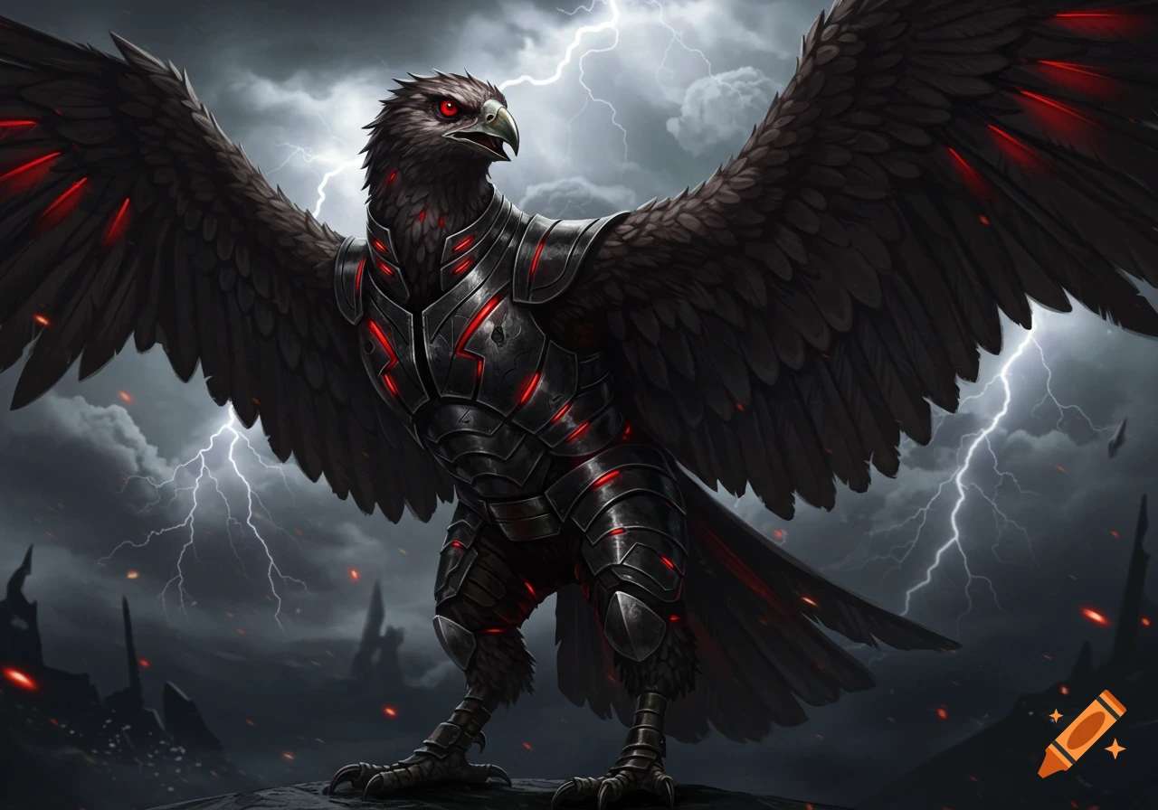 A majestic dark armored bird with glowing red accents stands against a stormy sky with lightning, in a fantasy art style.