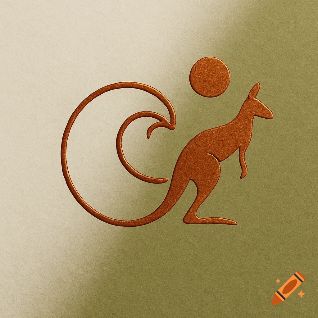 Stylized bronze metallic kangaroo logo with a long curling tail and a sun circle, set against a gradient off-white and olive green background.