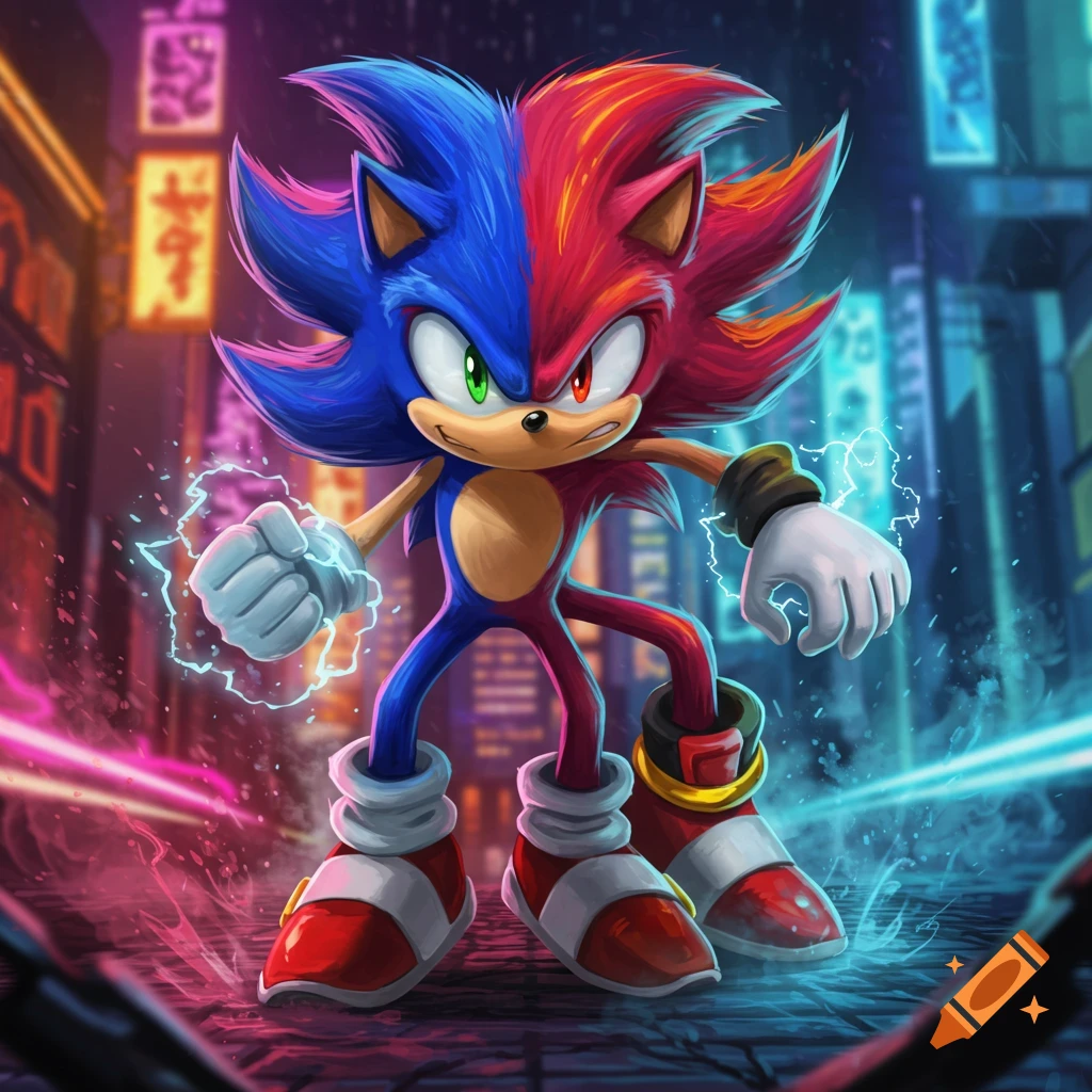 A dynamic, stylized illustration of a fused blue and red Sonic the Hedgehog character with lightning effects, standing in a neon-lit futuristic city street.
