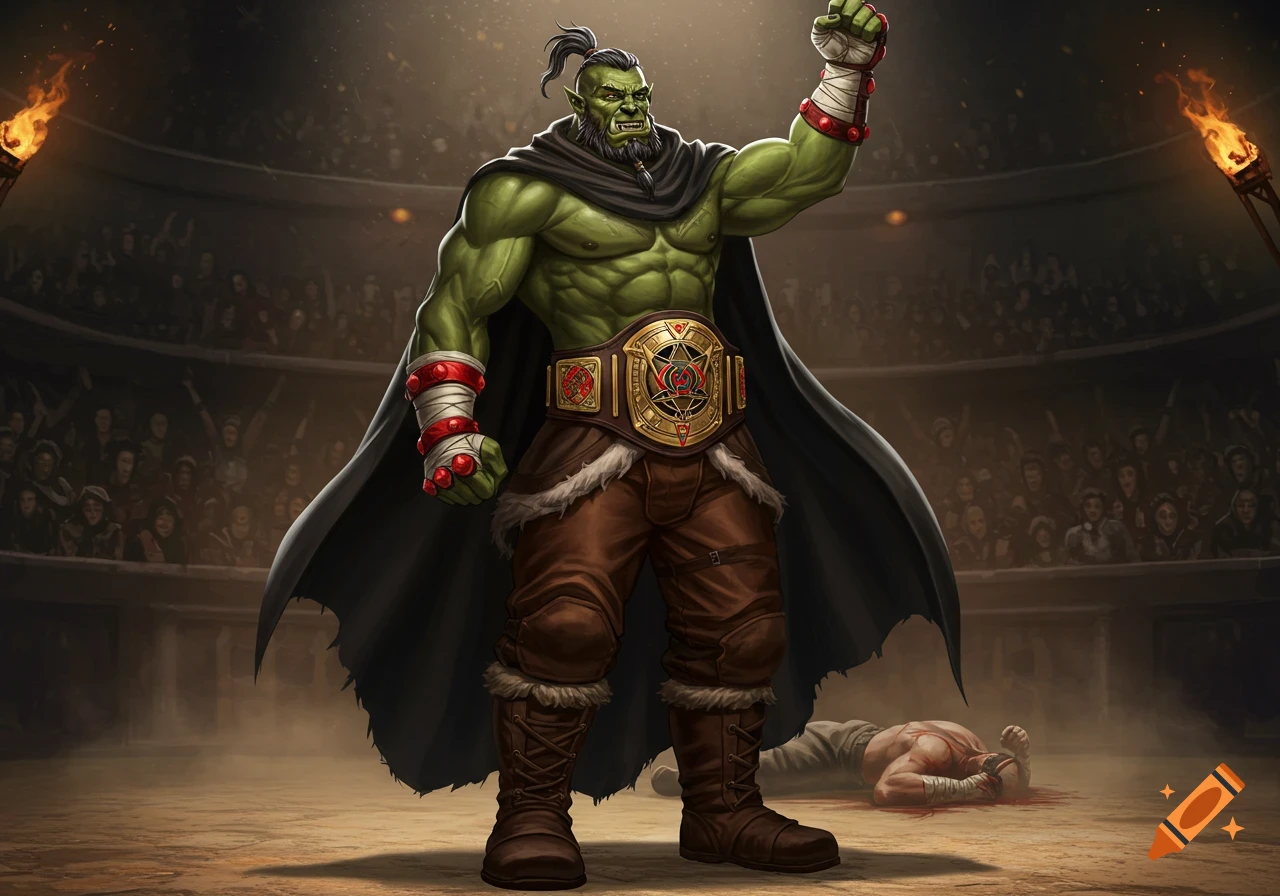 A muscular green orc brawler in a black cloak raises a fist victoriously in a fantasy arena over a defeated opponent. Digital art.