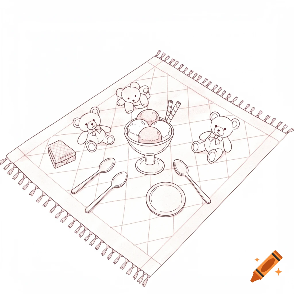 Fine line drawing of ice cream, two spoons, and three teddy bears on a checkered picnic blanket with tassels.