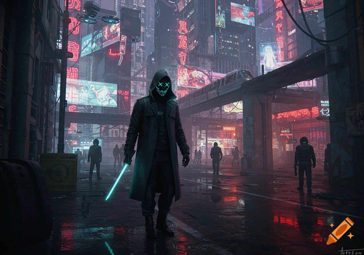 A masked figure in a trench coat holds a glowing blade in a neon-soaked, rainy cyberpunk city with towering buildings and a monorail.