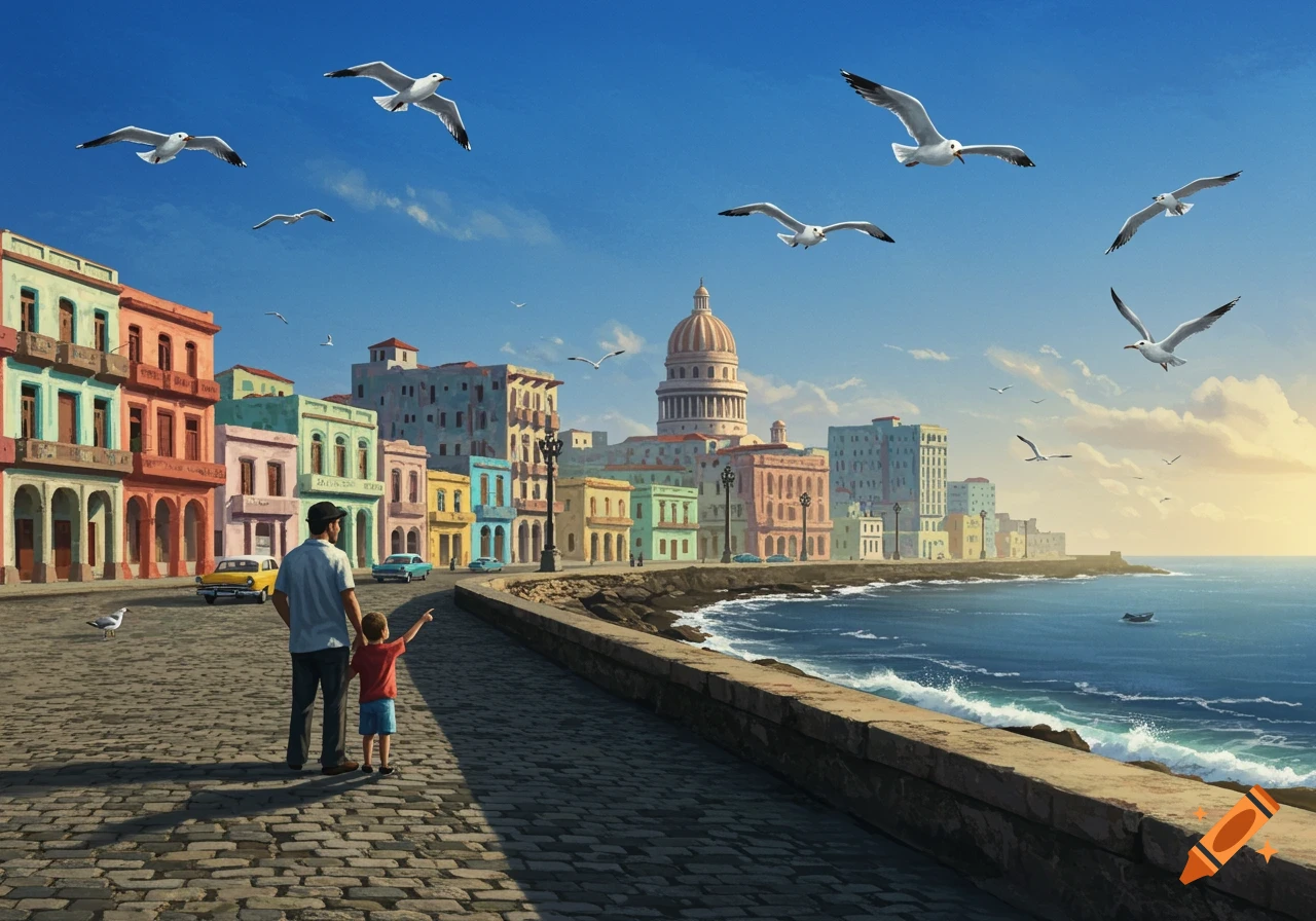 A father and son walk along a cobblestone promenade by the ocean in a colorful, illustrative cityscape resembling Havana, Cuba.
