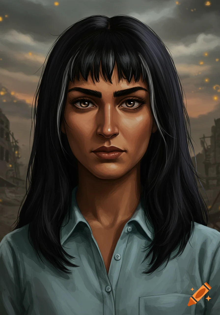 Stylized portrait of a woman with dark skin, black hair with white streaks, and a serious expression, in a ruined city.