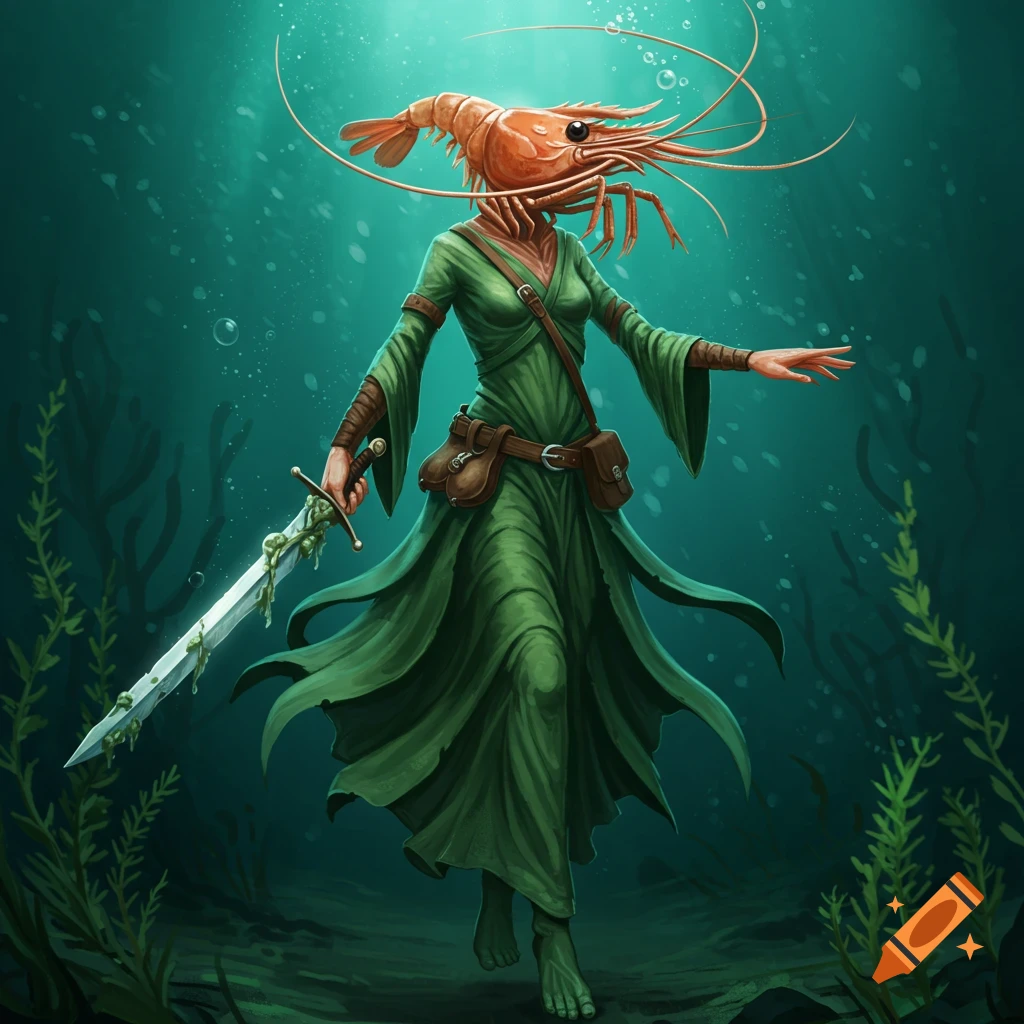 A fantasy illustration of a shrimp-headed woman in a green robe, holding a sword, walking through an underwater kelp forest.