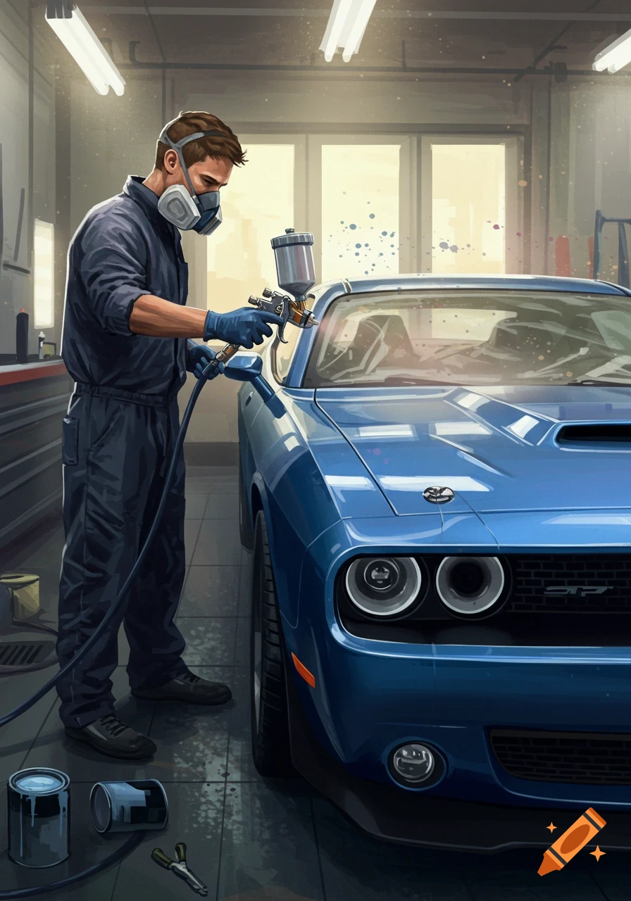 Illustrated man in a respirator mask and gloves spray-painting a blue muscle car in a brightly lit garage.