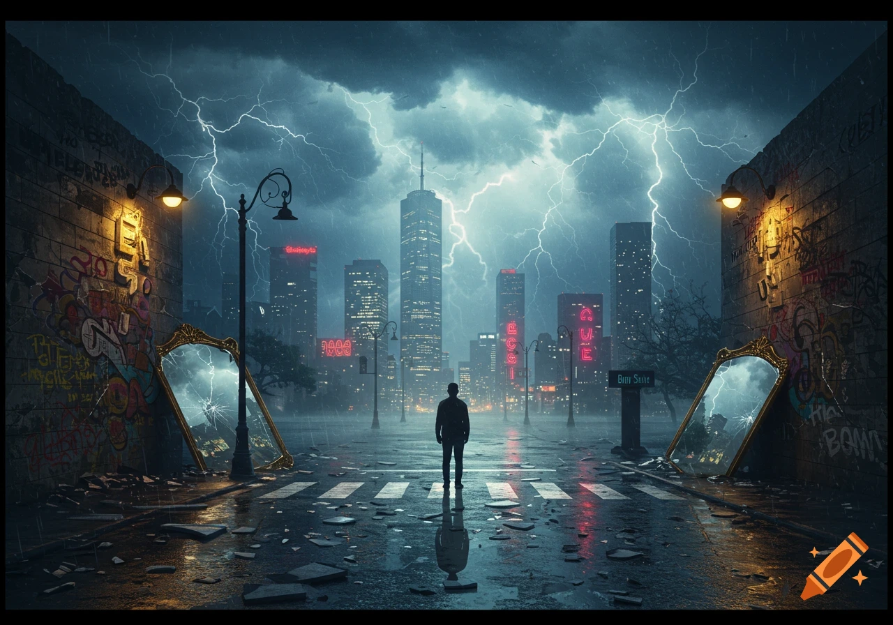 A man stands on a wet crosswalk in a dark, rainy city under a lightning-filled sky, flanked by graffiti-covered walls and broken mirrors.