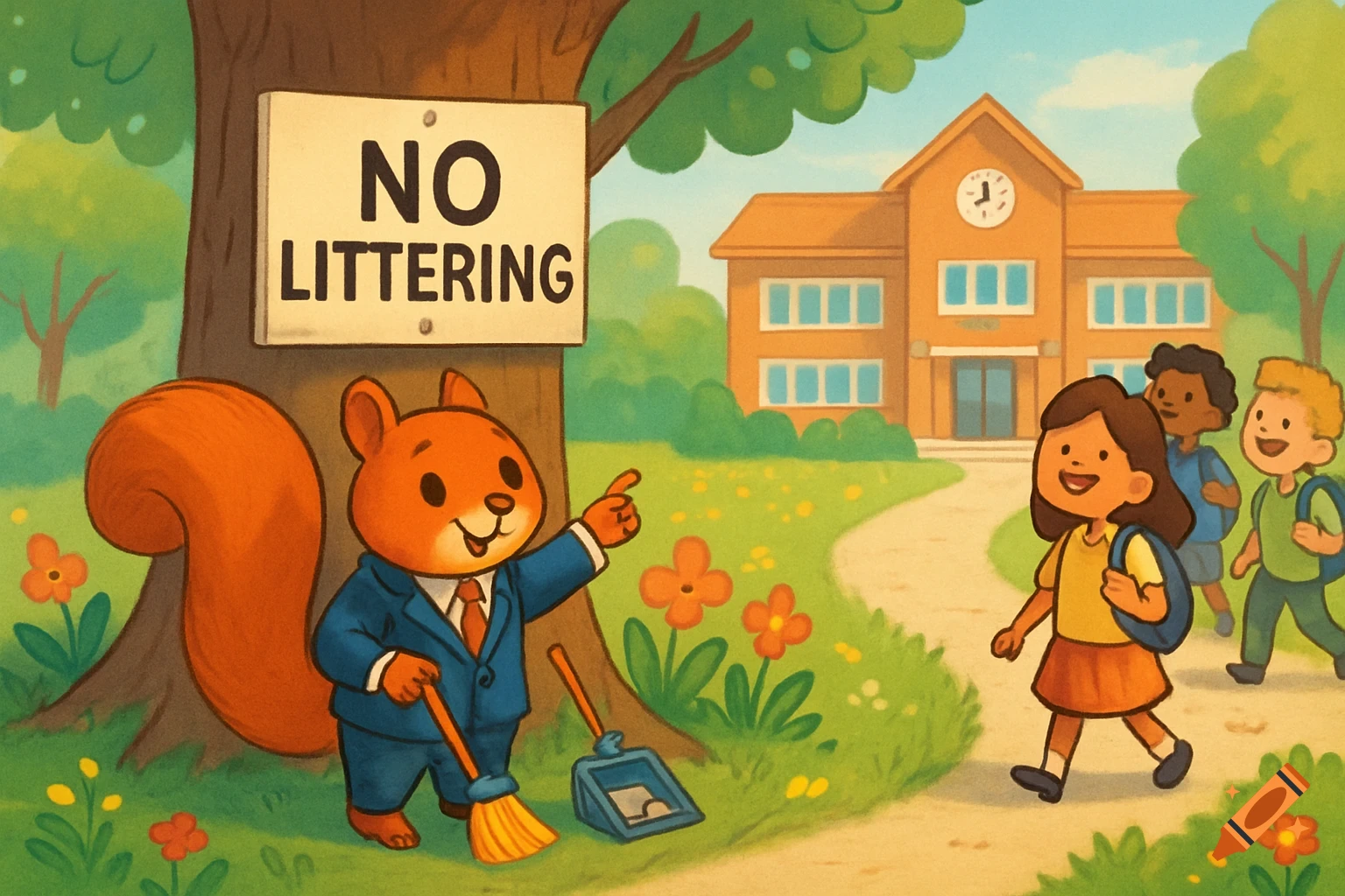 A cartoon squirrel in a suit points to a 'No Littering' sign next to a broom and dustpan, while children walk towards a school in the background.