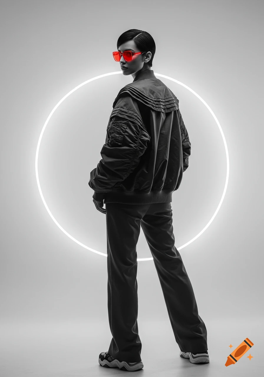 Futuristic fashion portrait of a woman in black streetwear and red sunglasses looking back, with a glowing neon circle.
