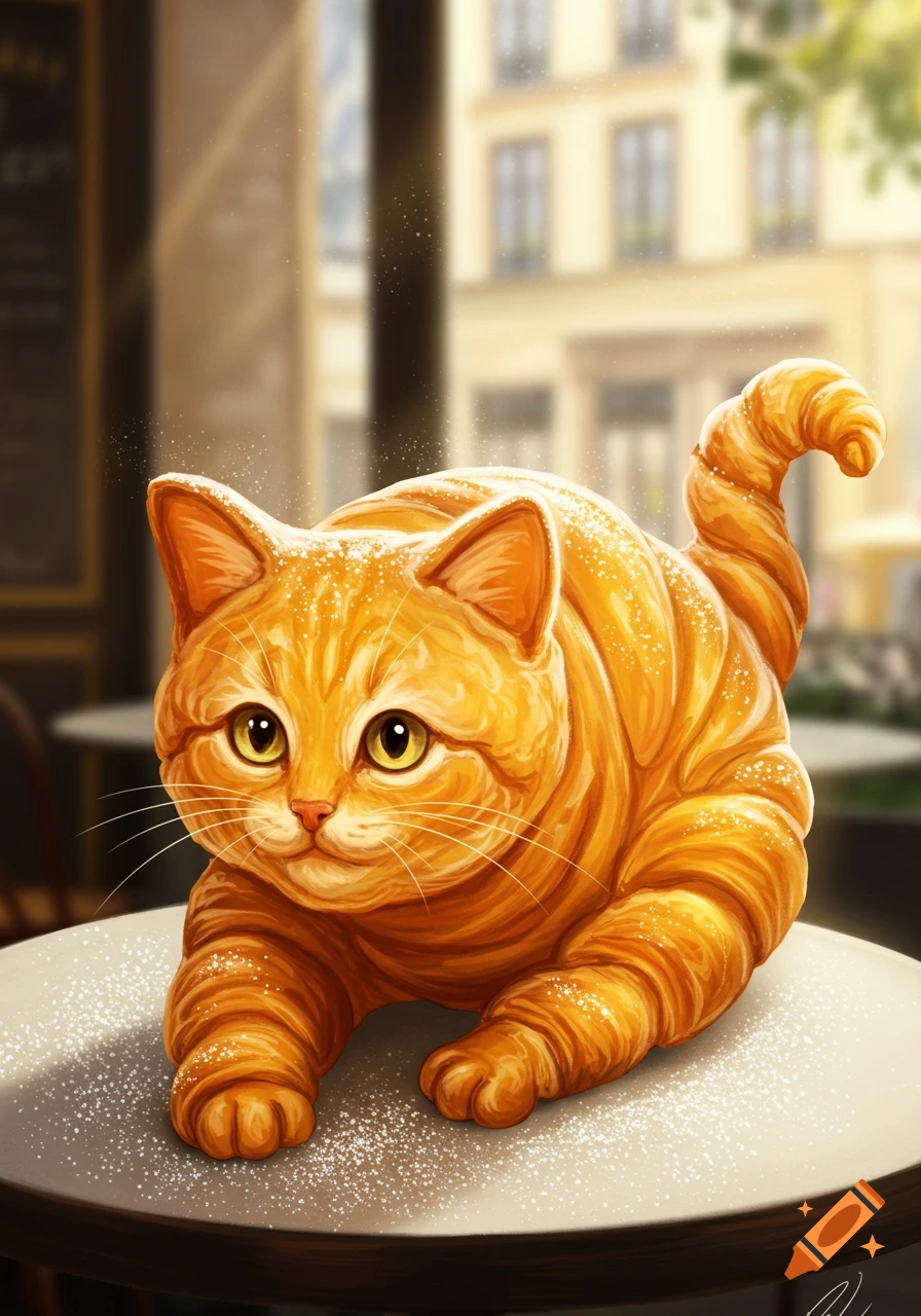 Digital illustration of a cute cat made from a golden croissant, sprinkled with powdered sugar, sitting on a table in a cafe.