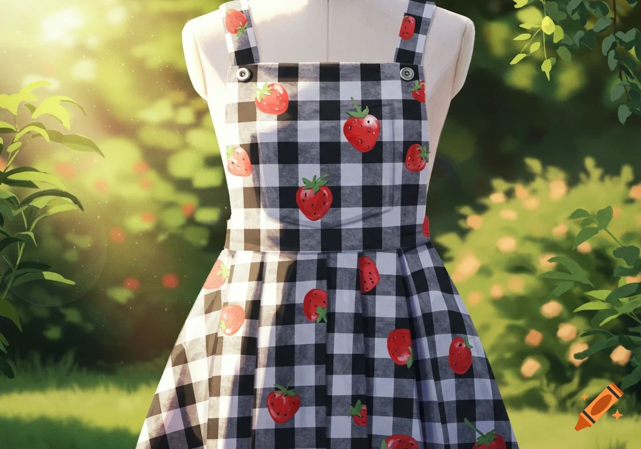 White and black checked pinafore dress with whimsical watercolor strawberries, on a mannequin in a sunlit garden.