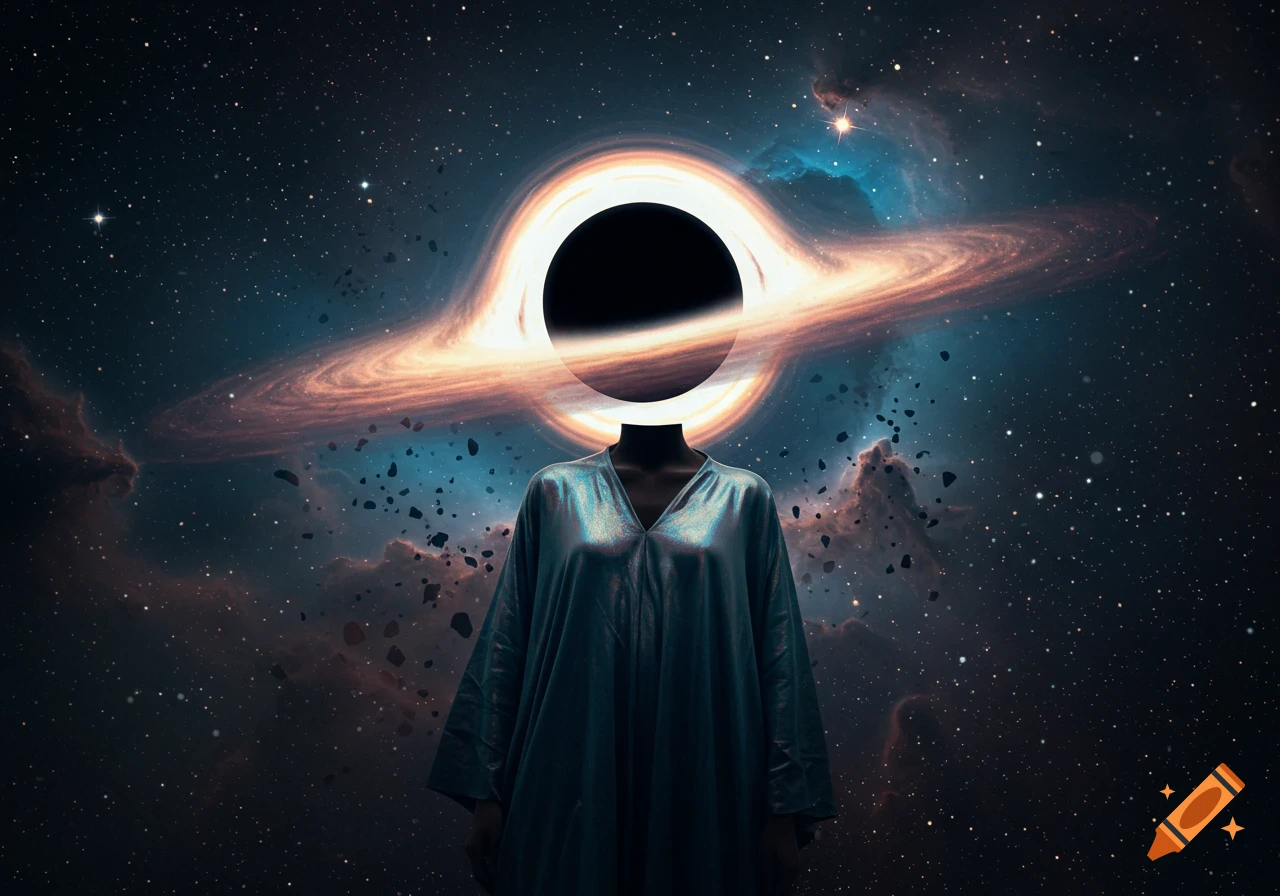 A person-shaped figure with a black hole for a head stands in a cosmic galaxy with stars and nebulae.