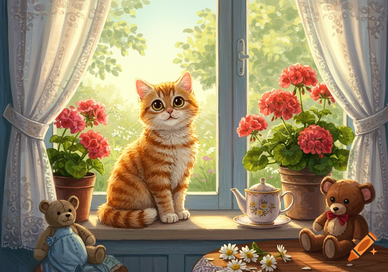 A cute orange tabby cat sits on a sunlit windowsill, flanked by red geraniums, white curtains, a teapot, and two teddy bears in a painterly style.